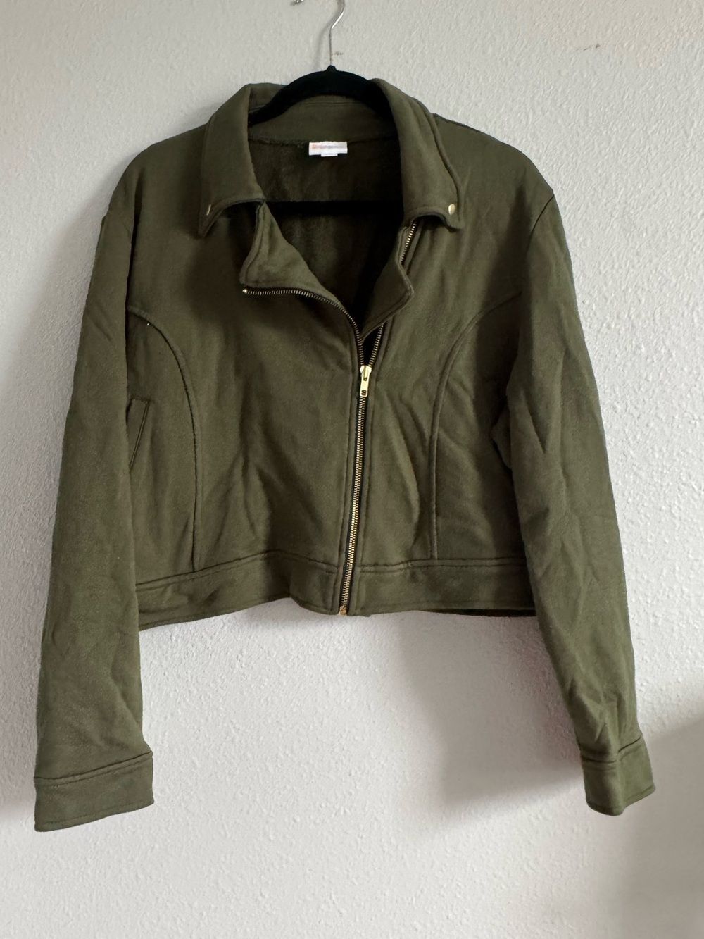 XL Moto Jacket in a solid army green, LuLaRoe Presley, full zip up